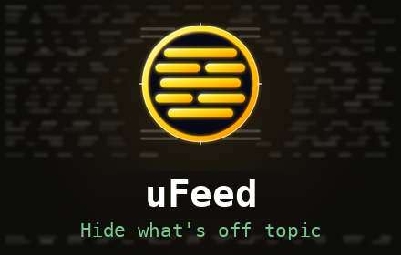 uFeed icon and wordmark, "Hide what's off topic", on a dark background
